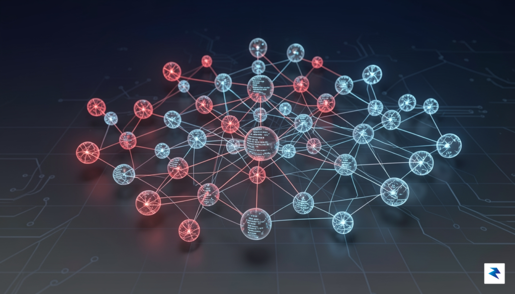 A digital visualization of a complex web of interconnected code&hellip;
