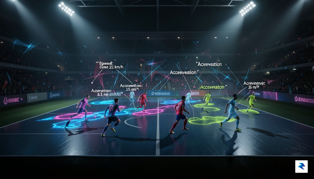 A digital visualization showing a high-tech football pitch with neon&hellip;