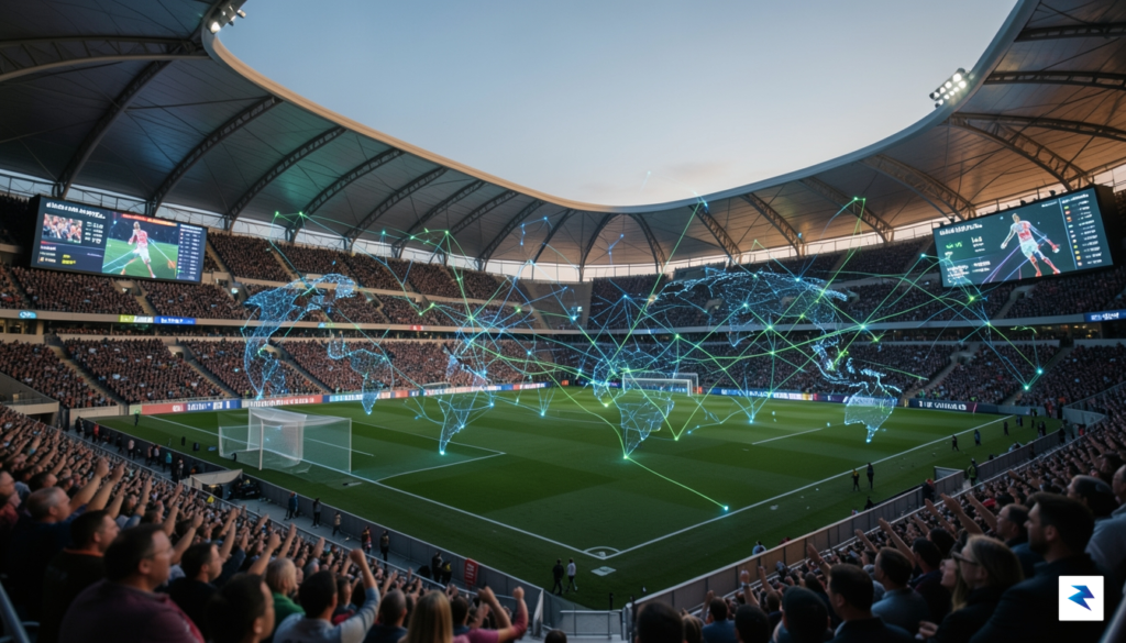 A wide-angle, cinematic shot of a modern football stadium at&hellip;