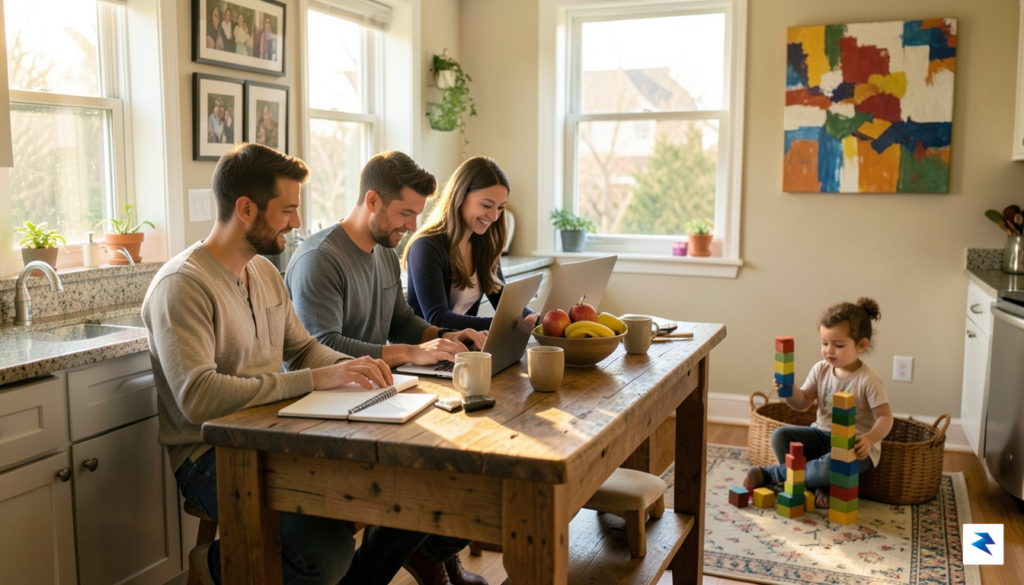 A diverse couple working on laptops at a kitchen table&hellip;