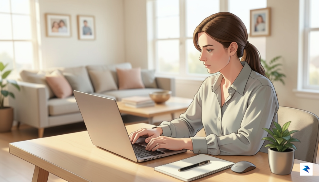 A modern, sunlit home office setup where a professional parent&hellip;