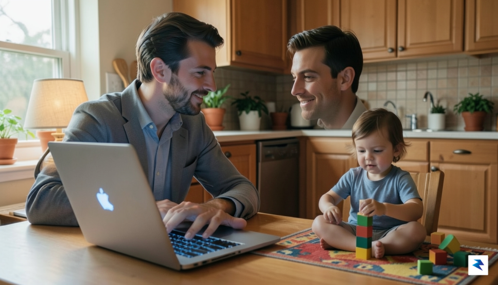 A candid, warm-lit photograph of a professional parent working on&hellip;