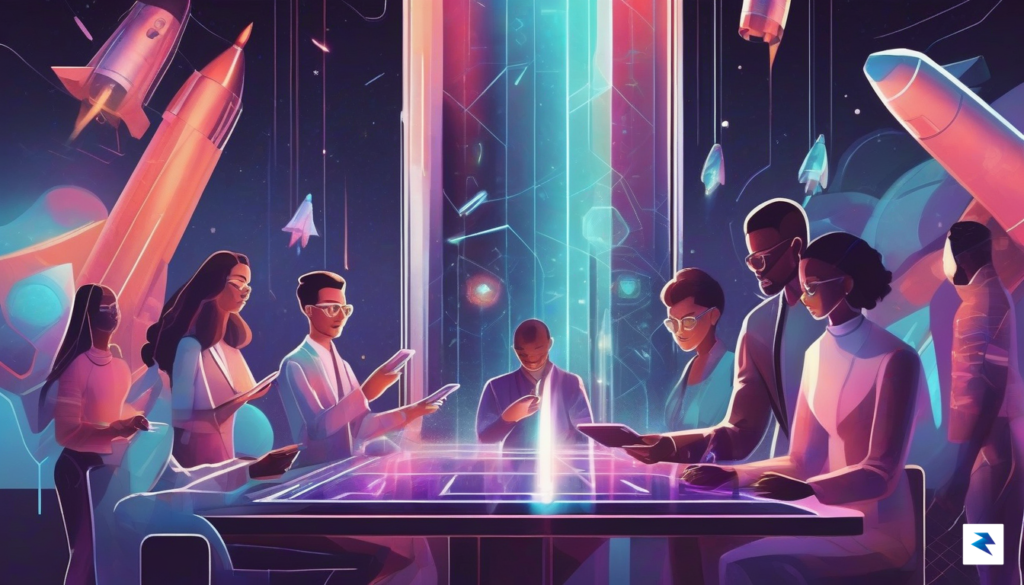 A sleek, futuristic digital illustration showing a diverse group of&hellip;
