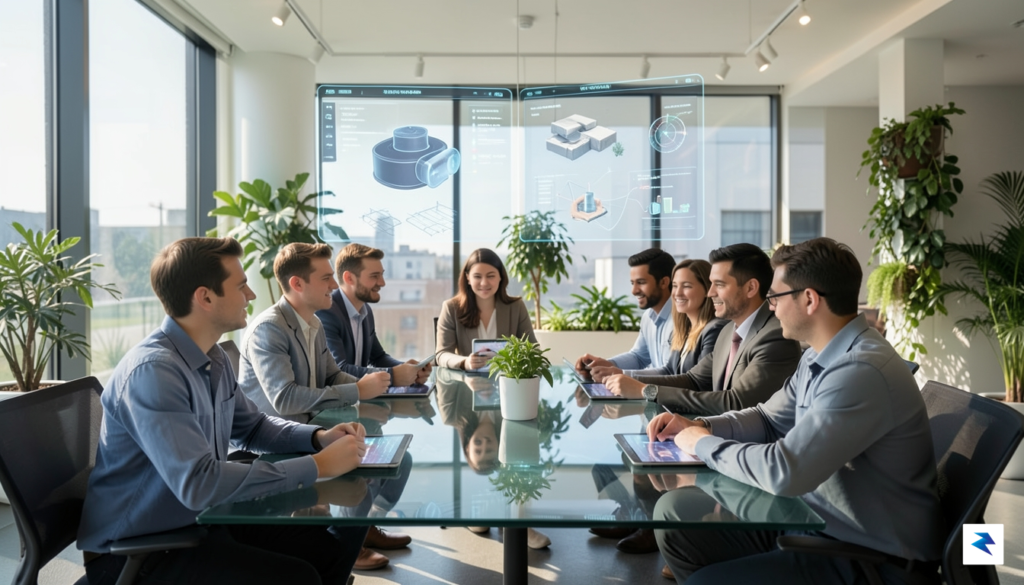 A diverse group of employees sitting in a modern, sunlit&hellip;