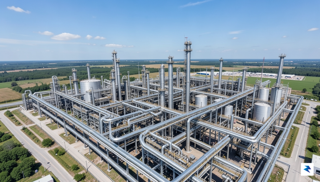 An aerial view of a massive, complex oil refinery with&hellip;