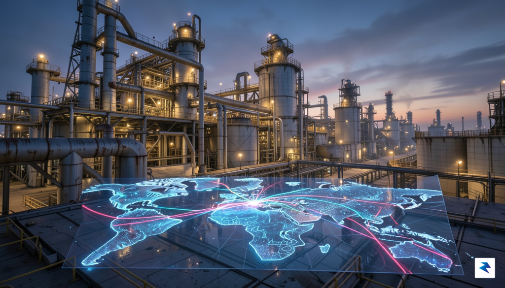 A wide-angle digital illustration showing a bustling, illuminated oil refinery&hellip;