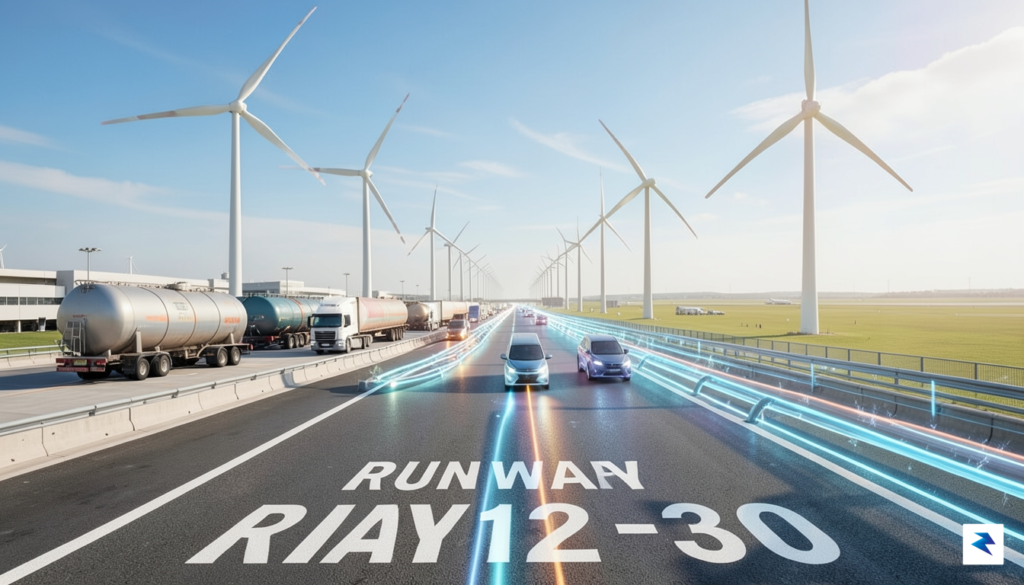 A conceptual digital illustration showing a modern airport runway transitioning&hellip;