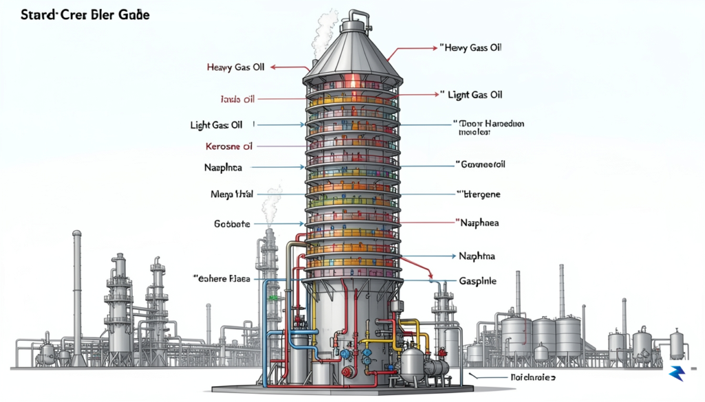 A detailed schematic illustration showing the complex distillation tower process&hellip;