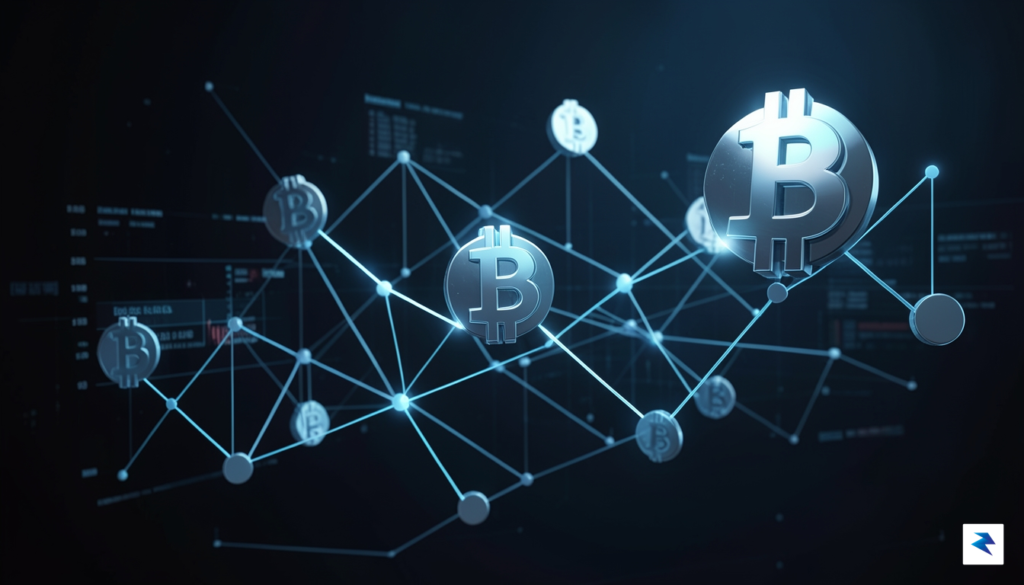 A conceptual 3D rendering showing digital Bitcoin symbols integrated into&hellip;