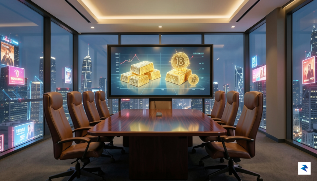 A conceptual digital art piece showing a sleek corporate boardroom&hellip;