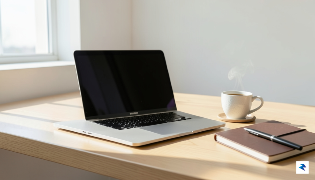 A sleek, modern MacBook Air resting on a minimalist wooden&hellip;