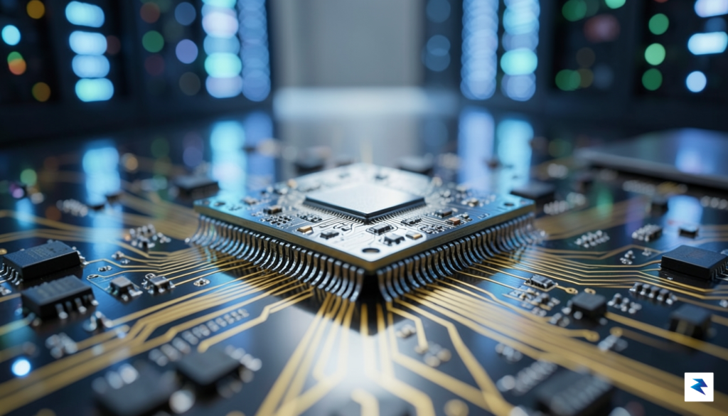 A conceptual close-up of a high-tech semiconductor chip resting on&hellip;