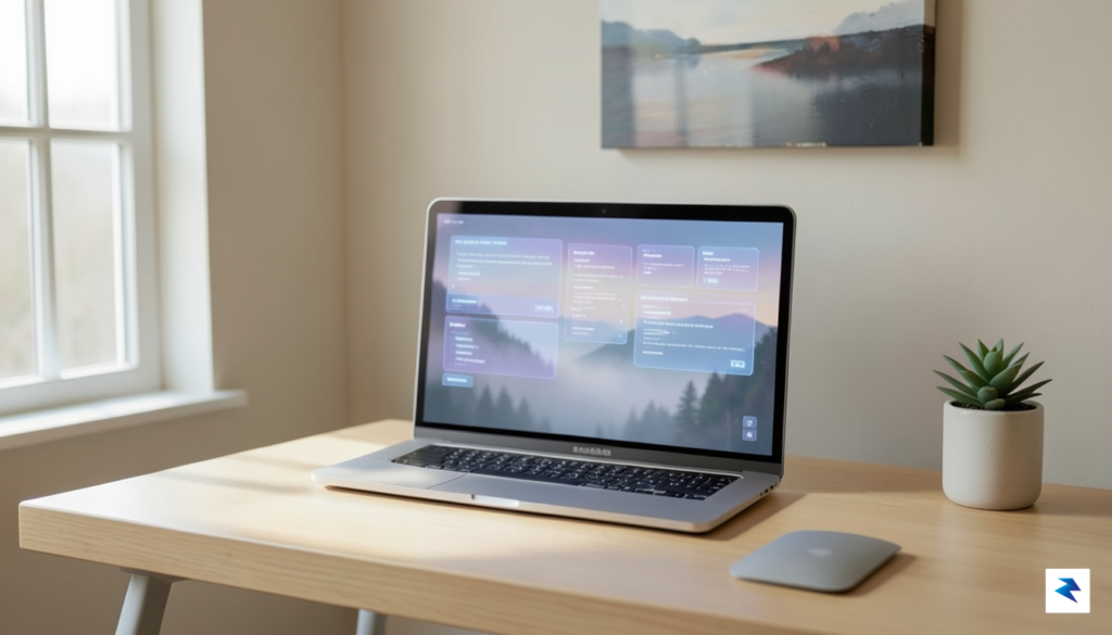 A sleek, minimalist workspace showing a Mac screen with translucent,&hellip;