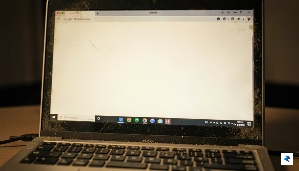 A close-up shot of an old, dusty laptop screen glowing&hellip;