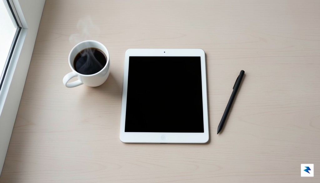A clean, minimalist flat-lay photograph showing an iPad Air next&hellip;