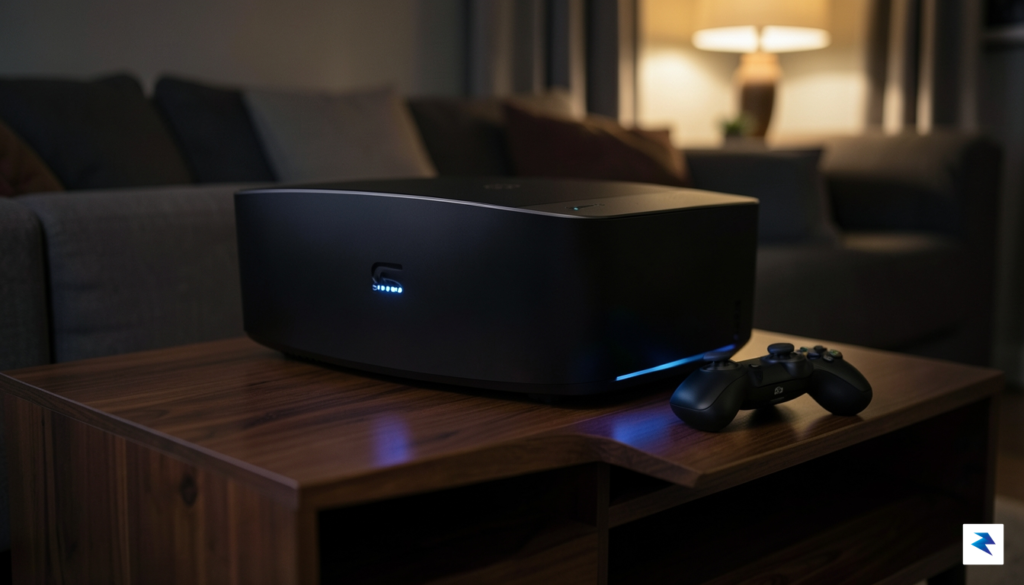 A sleek, modern Steam Machine console resting on a wooden&hellip;