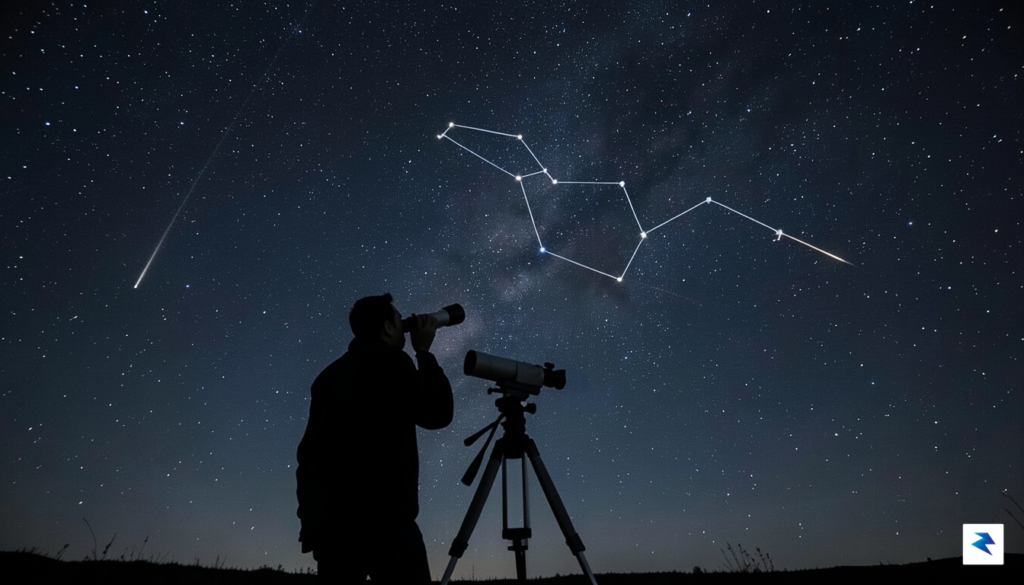 A long-exposure night sky photograph featuring a faint, moving streak&hellip;
