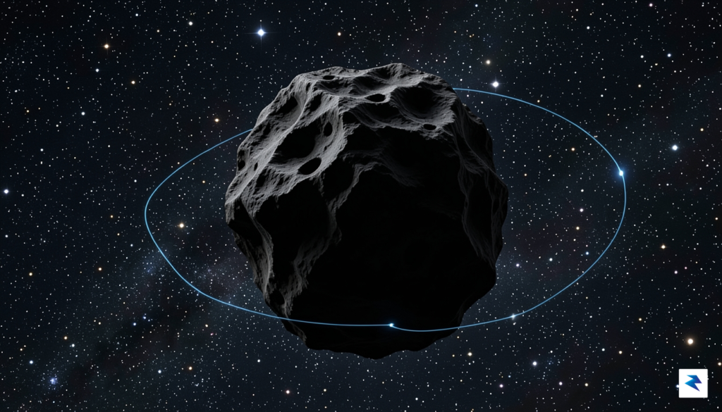 A detailed digital rendering of a rocky, irregular asteroid silhouetted&hellip;