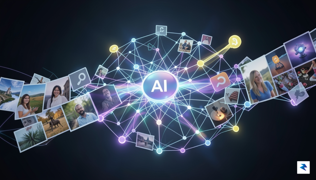 A conceptual illustration showing a digital stream of photographs and&hellip;