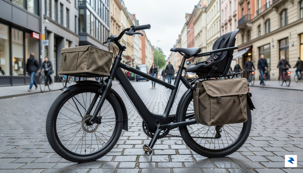 A wide-angle, high-resolution shot of a rugged, matte-black electric cargo&hellip;