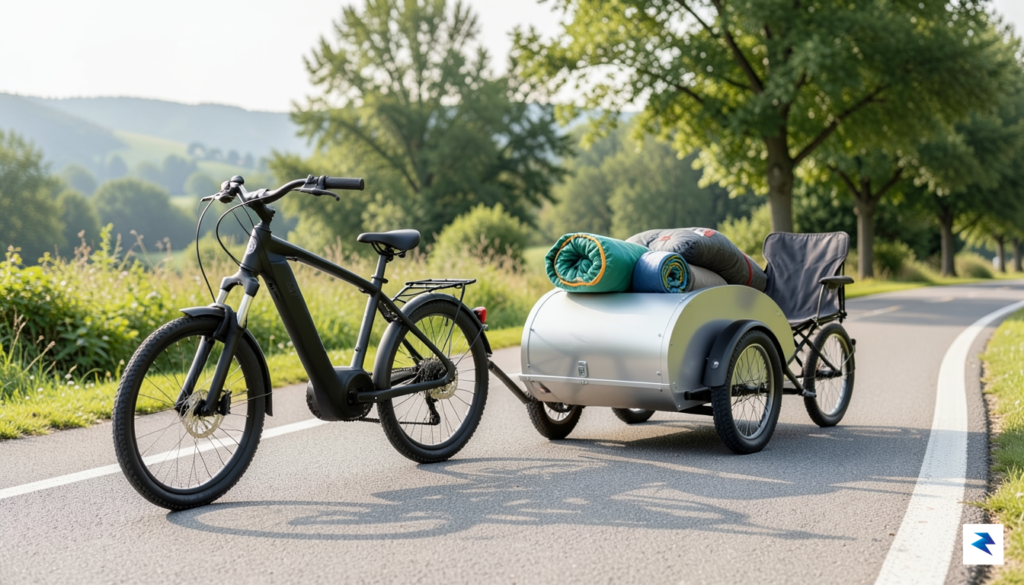 A wide-angle shot of an e-bike pulling a sleek, two-wheeled&hellip;