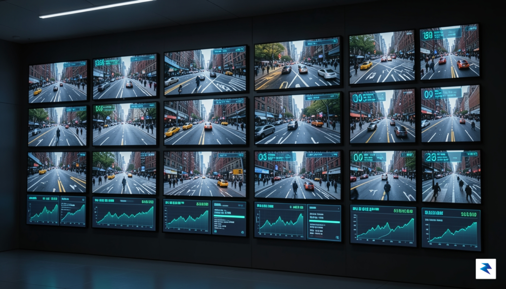 A modern digital control center wall displaying a grid of&hellip;