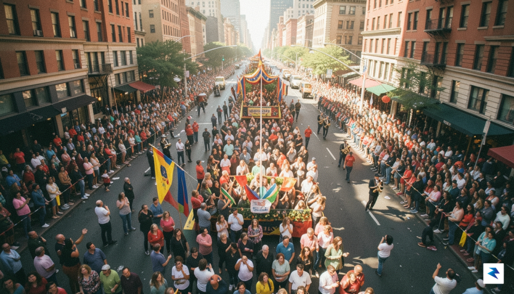 A wide-angle, cinematic street-level view of a crowded New York&hellip;