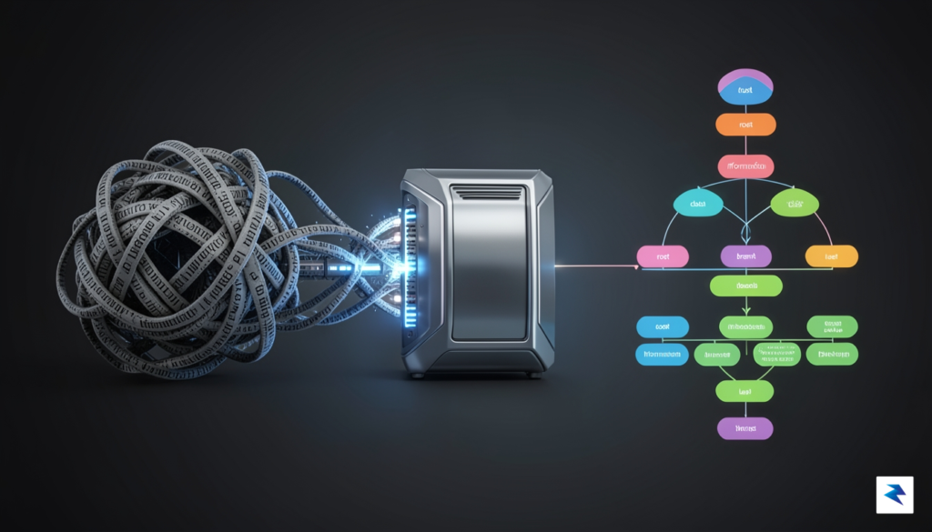 A conceptual visualization showing a complex, tangled knot of text&hellip;