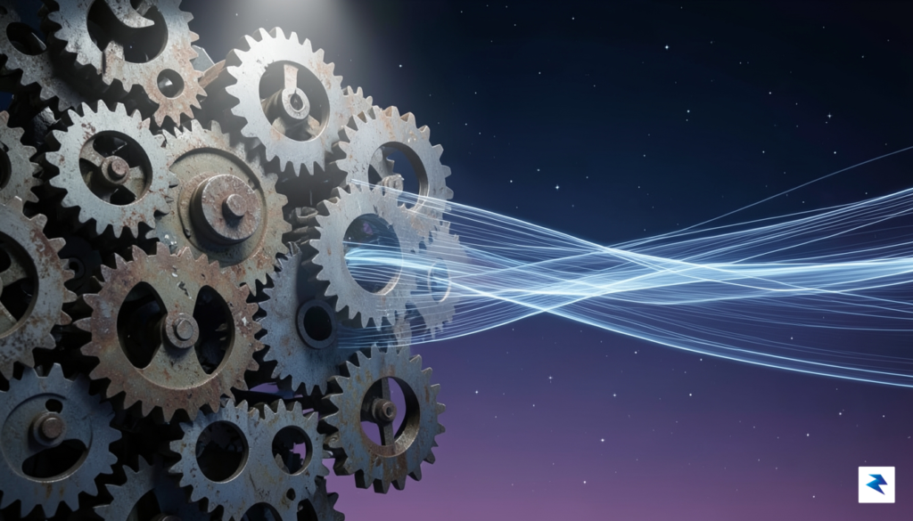 A conceptual digital illustration showing a cluttered, oversized mechanical gear&hellip;