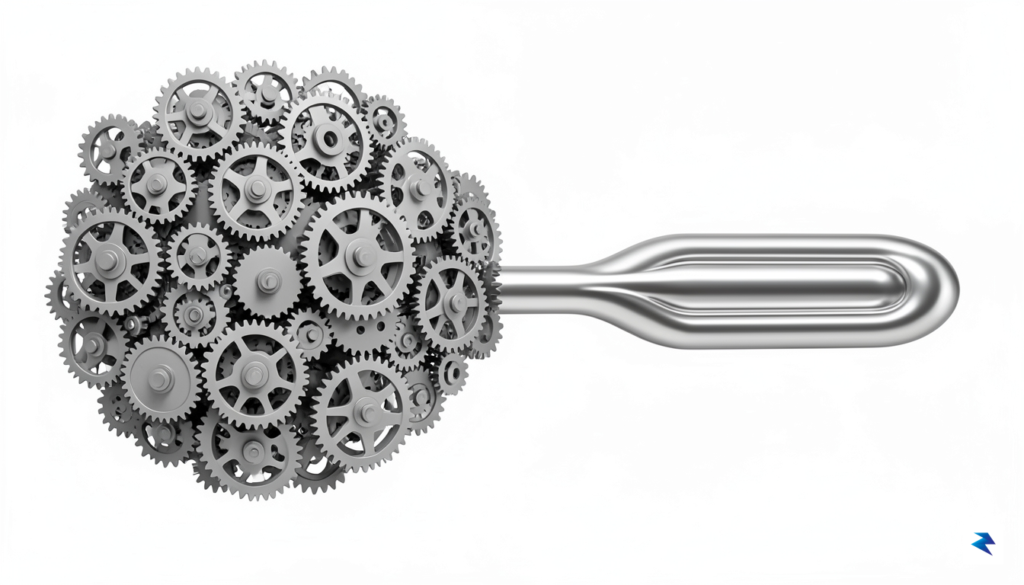 A minimalist architectural diagram showing a bloated, complex gear system&hellip;