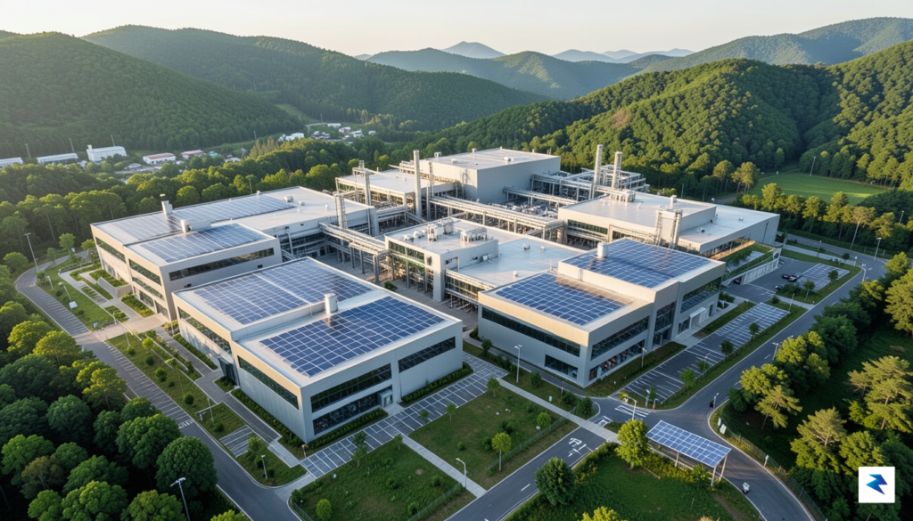 A high-angle aerial view of a sprawling, modern semiconductor fabrication&hellip;