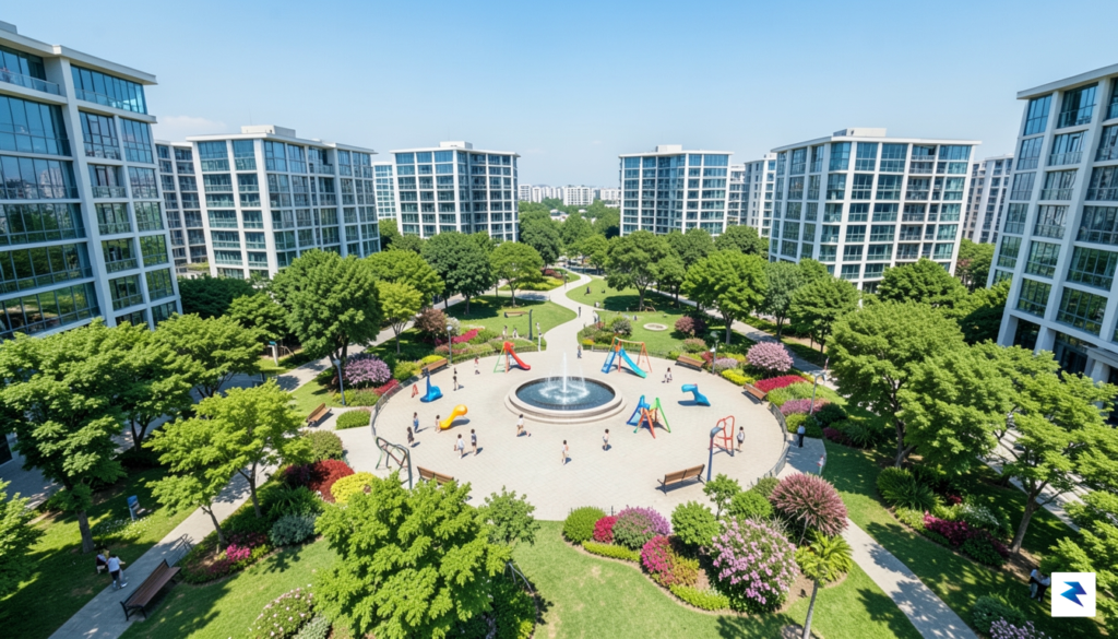 A high-angle aerial shot of a modern, lushly landscaped Hsinchu&hellip;