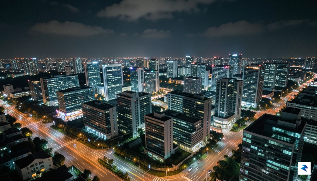 A vibrant aerial night shot of Hsinchu Science Park, showing&hellip;