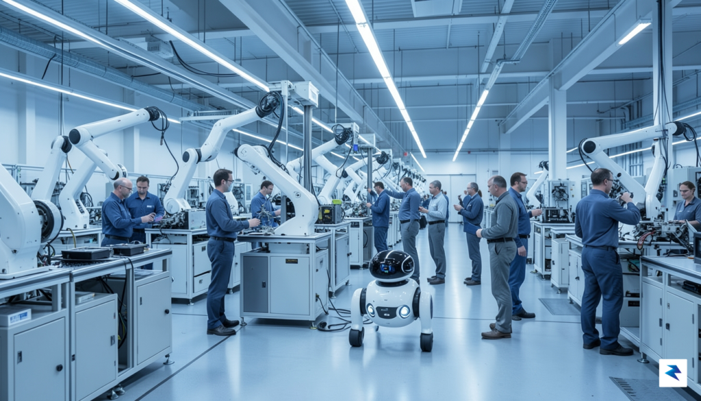 A wide-angle view of a modern, clean-tech automotive assembly line…