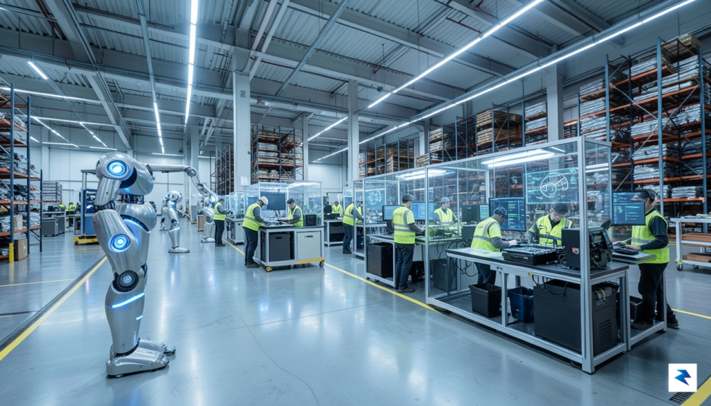 A wide-angle shot of a futuristic automotive manufacturing floor, featuring…