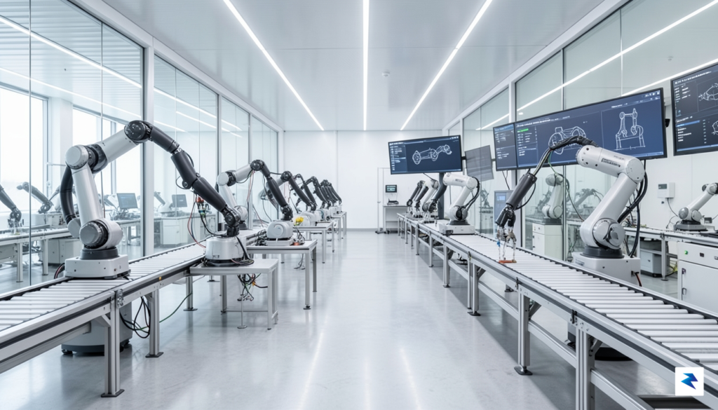 A modern, high-tech manufacturing facility floor where robotic limbs are…