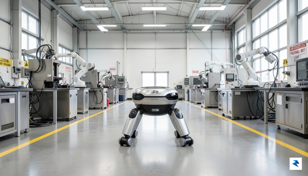 A clean, professional studio shot of the Spot robot standing…