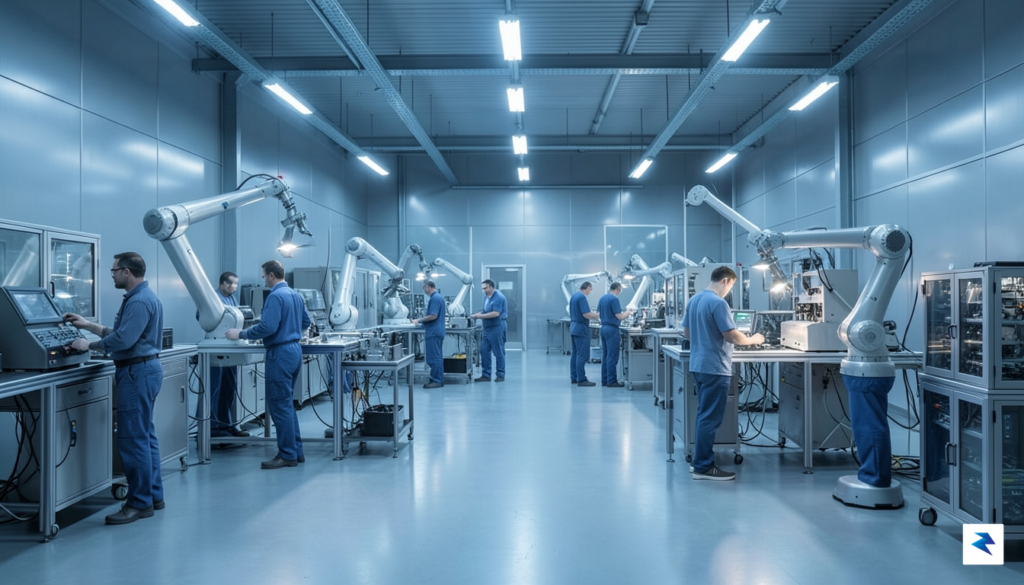A modern, high-tech manufacturing facility showing a robotic arm assembly…