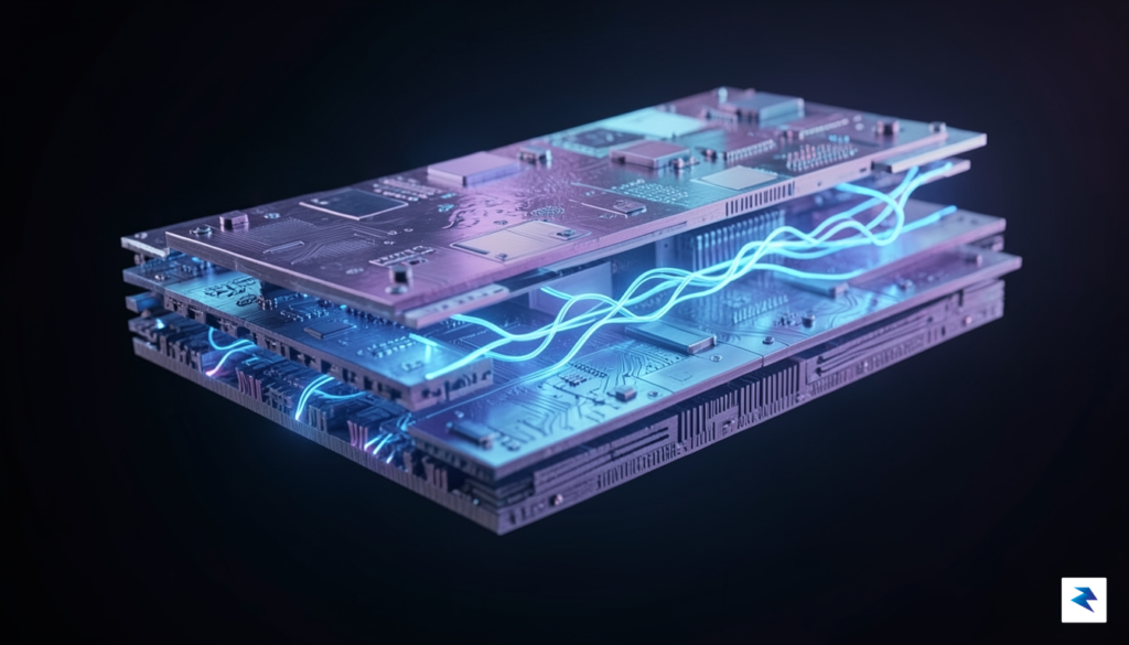 A high-tech, abstract 3D render showing a cross-section of a&hellip;