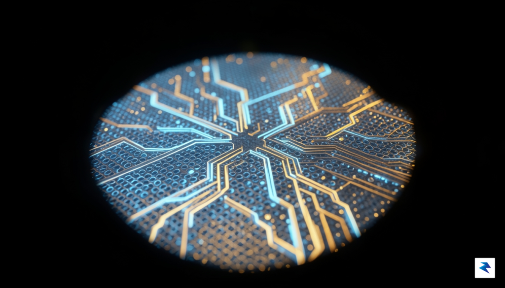 A highly detailed, futuristic close-up of a semiconductor wafer featuring&hellip;