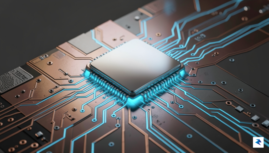 A sleek, futuristic microchip integrated onto a high-tech circuit board&hellip;