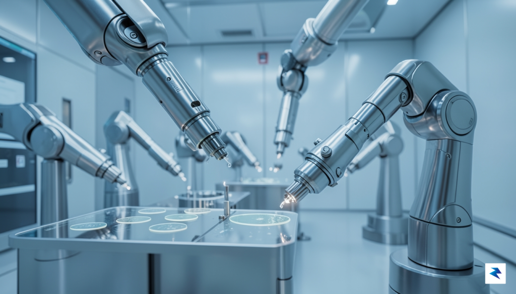 A close-up, high-tech rendering of an advanced semiconductor fabrication cleanroom&hellip;