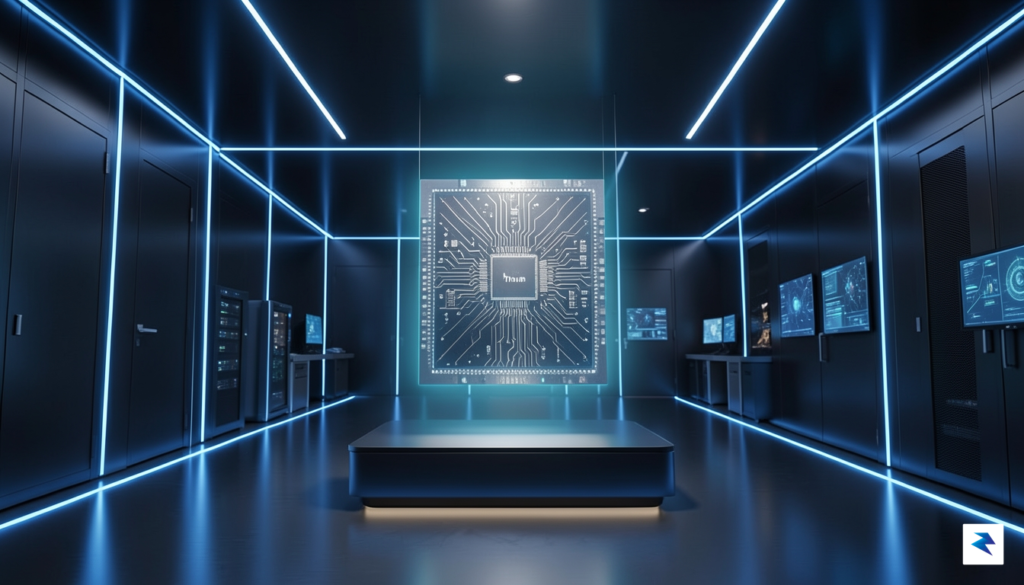 A sleek, futuristic data center interior illuminated by soft blue&hellip;