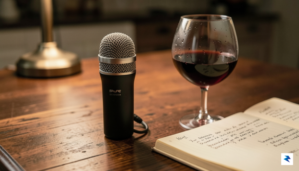 A close-up, warm-toned photograph of a professional microphone resting on&hellip;