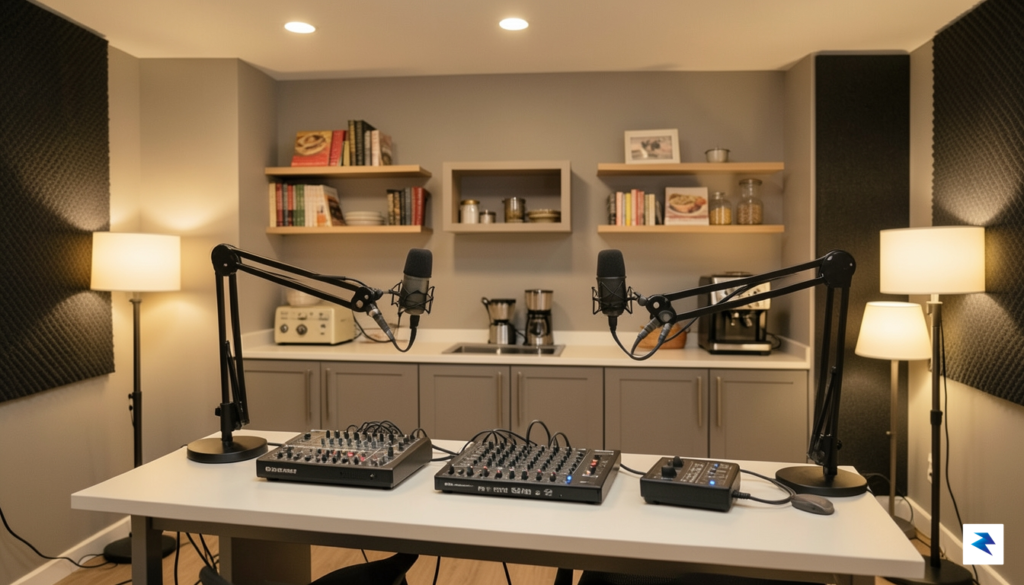 A sleek, professional podcast studio setup featuring high-end microphones, warm&hellip;