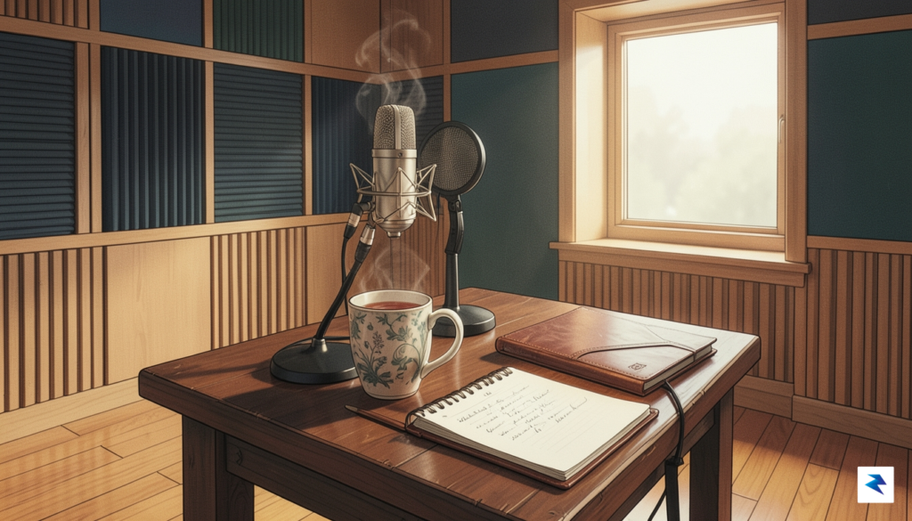 A cozy, modern recording studio with warm lighting, featuring a&hellip;