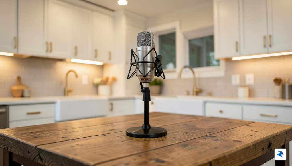 A warm, inviting studio setting featuring a professional microphone on&hellip;