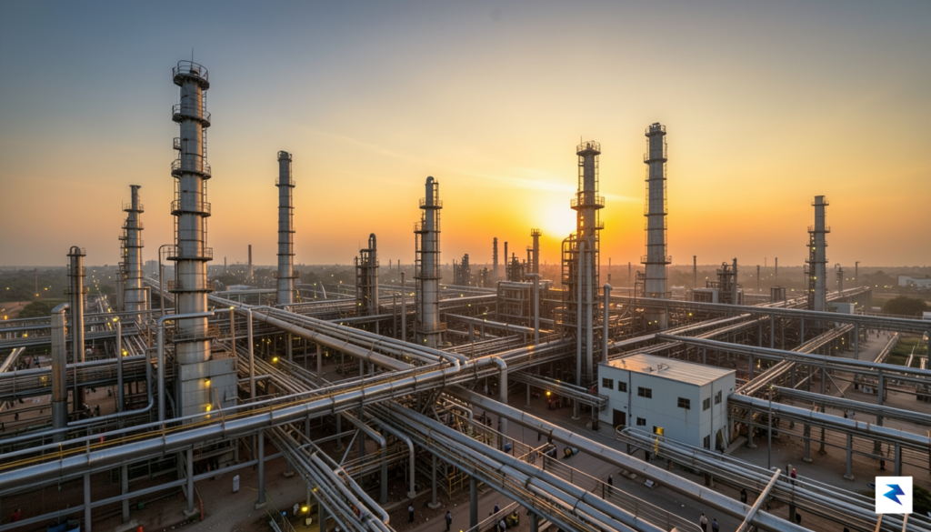 A wide-angle shot of a sprawling, modern oil refinery complex&hellip;