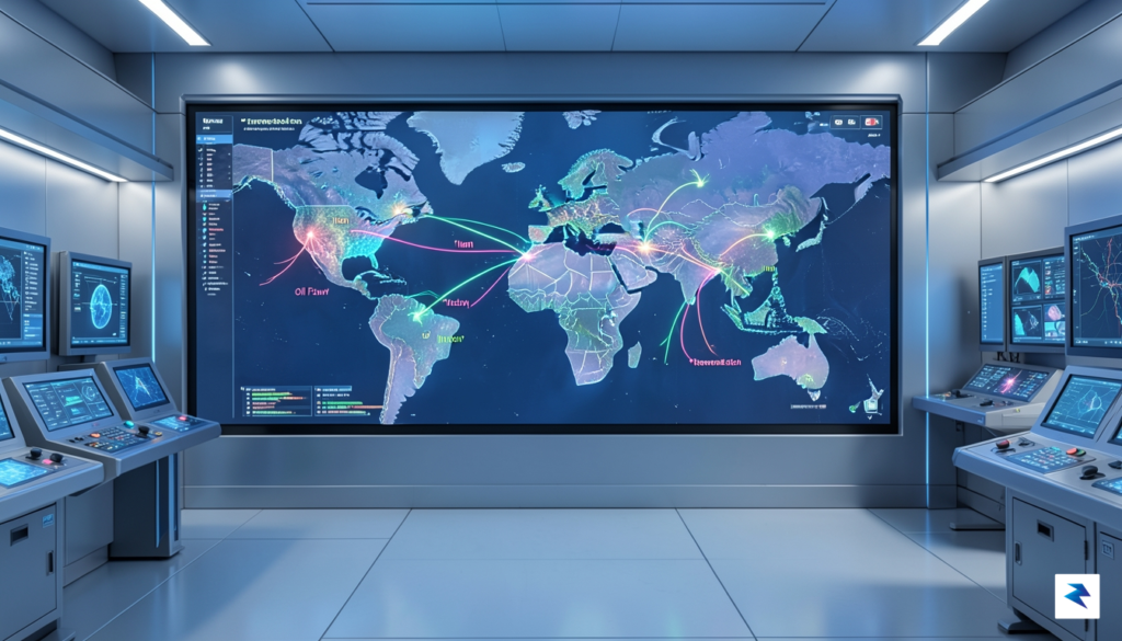 A high-tech, futuristic control center showing a digital map of&hellip;