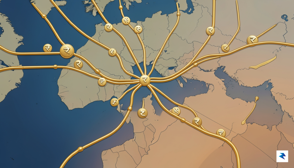 A conceptual digital illustration showing a complex network of golden&hellip;